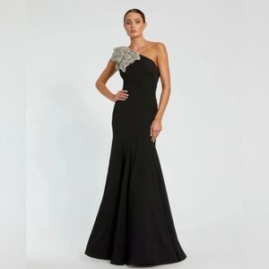 Mac Duggal Black One Shoulder Gown with Silver Floral Accent